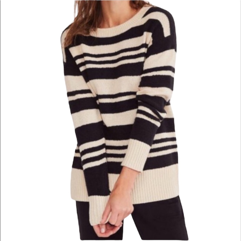 LOU & GREY Black Tan Sherpa Striped Sweater Sz Small Cotton Blend Crewneck